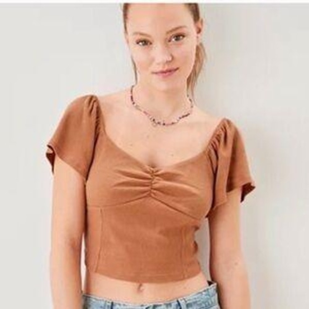 American Eagle Ribbed Sweetheart Crop Top Tan Brown Flutter Sleeve Medium NWT